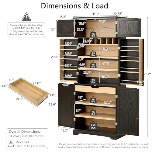 Image of Ball & Cast 78″Tall Farmhouse Kitchen Pantry Cabinet with 8 Door Shelves & 1 Large Drawers,Versatile Pantry Storage Cabinet w /4 Adjustable Shelves and 7 Wine Rack for Kitchen,Dining Room,Retro Black