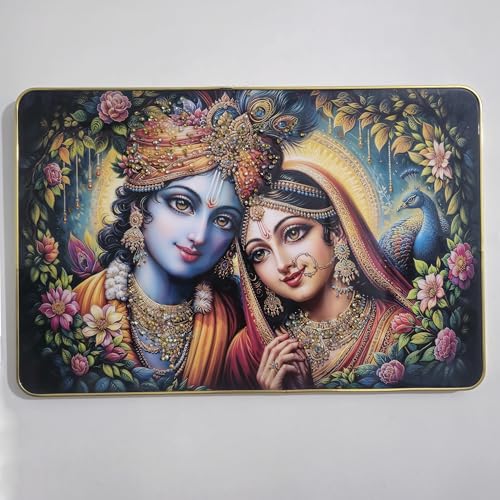 Image of Masstone Radha Krishna Crystal Embedded High Gloss Wall Painting, Golden Slim Frame, 45x30 Cm Wall Art for Living Room, Bedroom, Office & Home Decor (CRG57)