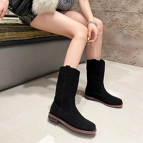 LEHOOR Women Flat Heel Western Boots Round Toe Suede Mid Calf Cowboy Boots Wide Calf Pull On Low Chunky Block Heel Short Riding Boot Stretch Comfort Fashion Casual Fall Winter Dress Booties 4-11 M US3
