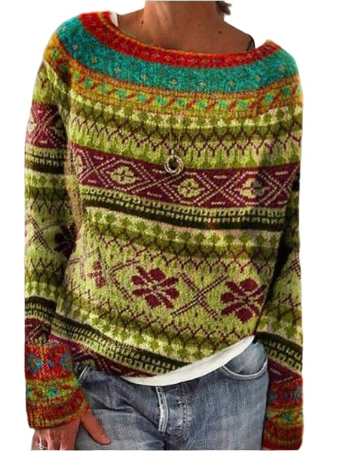 Womens Casual Boho Colorful Retro Knitted Fair Isle Print Sweater 2025 Crewneck Fall Winter Lightweight Pullover Tops