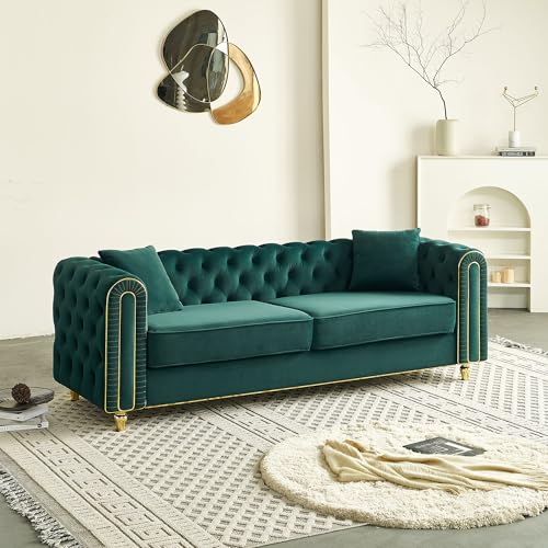 Image of KEIKI 86 inch Chesterfield Velvet Button Tufted Sofa with High Density Foam Cushions and 2 Toss Pillows, Modern Style 3-Seater Couch with Gold Strip Trim Decoration, Easy Assembly, for Living Room, Green