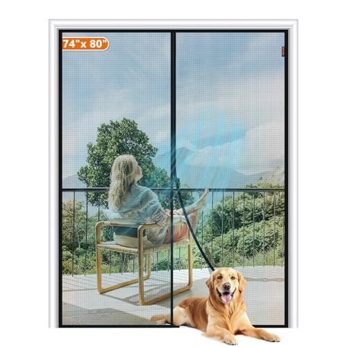 Image of MAGZO Magnetic Screen Door Fit Door Size 74 x 80 Inch, Screen Size 76 inch x 81 inch Strong Magnet French Style Mesh, Heavy Duty Fiberglass Mesh with Hook & Loop for Sliding Entrance, Gray