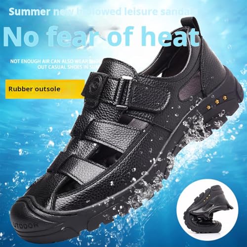 Image of Men's Genuine Leather Fisherman Sandals Closed Toe Anti-Slip Platform Adjustable Hook & Loop Strap Summer Hollow Sandals for Casual Outdoor Travel
