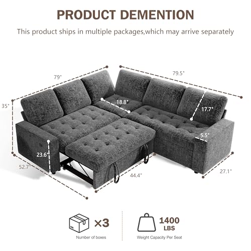 Image of Vipbear Chenille 80 Inch Modular Sectional Sofa with Pull Out Bed, L Shaped 5 Seat Sectional Sofa with USB Ports /Reclining Backrest /Storage Seats, Tool-Free Assembly, Couches for Living Room Dark Grey