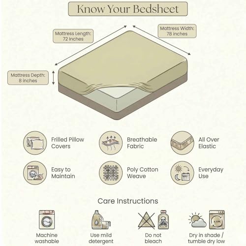 Image of Dream Weaverz- Polycotton Printed Double Bed Size Fitted Elastic Bedsheet,2 Pillow Cover,260 Thread (72 inch x 78 inchx7 inch) Home, Bedroom (Green-Brown, King)