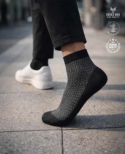 Image of Mens Ankle Socks, Premium Quality Bamboo Rayon Ankle Socks, Patterned, 5 Pairs, Gift Box, Size 8-13