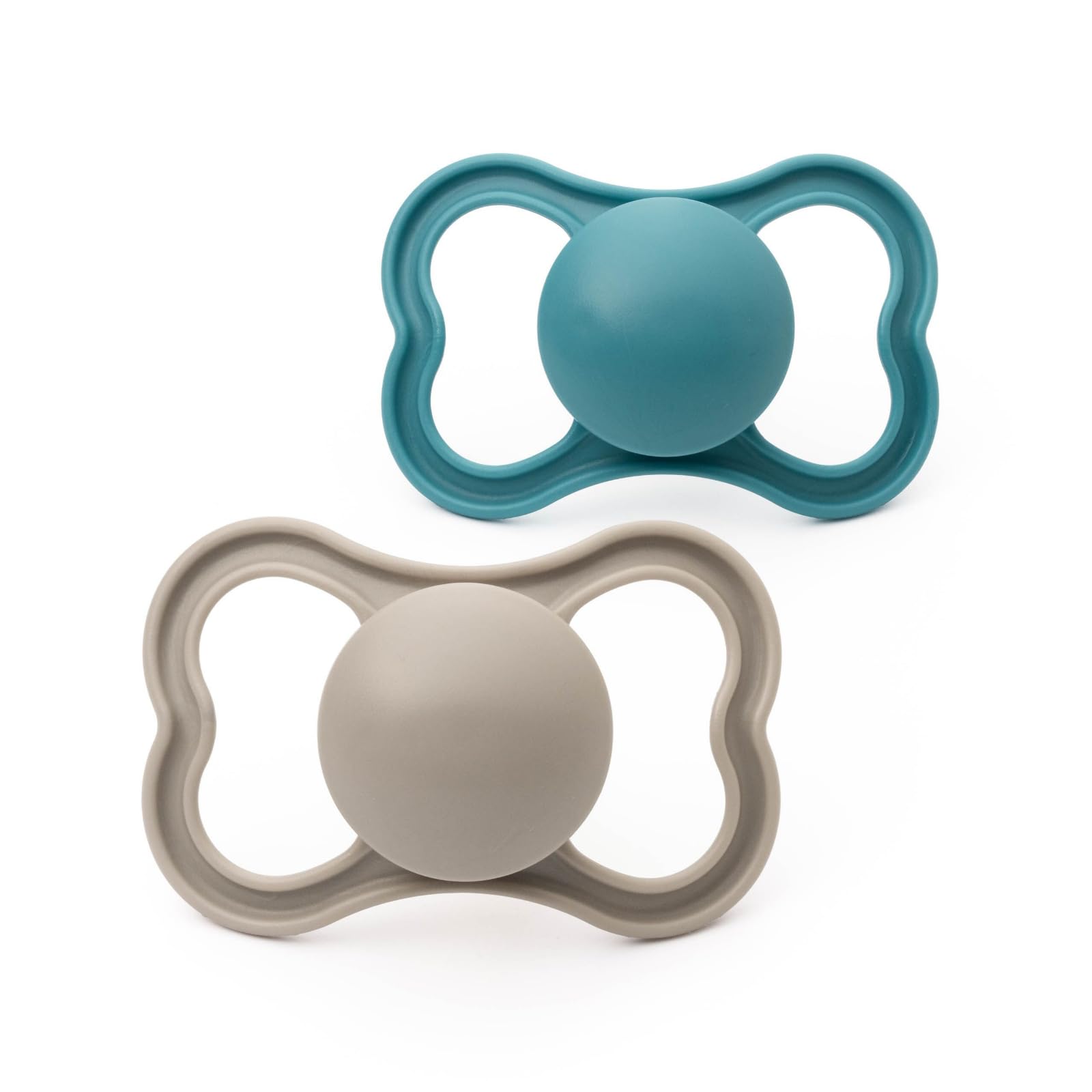 Air Soothers 16+ Months (Pack Of 2), Baby Soothers With Sterilisable Travel Case, Baby Essentials, (Designs May Vary) Blue/Cream Mam