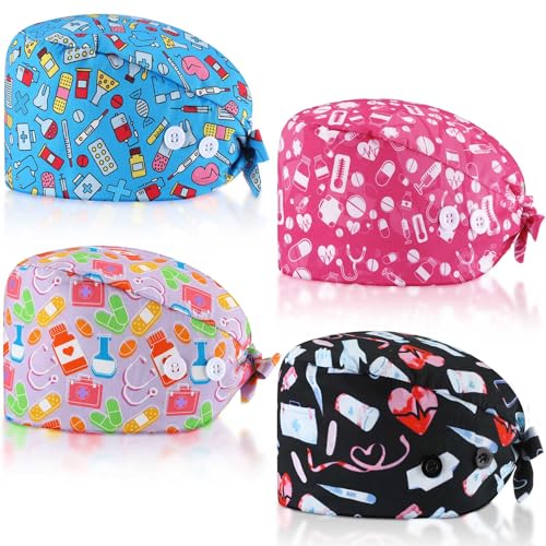 Image of Unittype 4 Pcs Nurse Caps for Women Nursing Working Caps with Button and Sweatband Adjustable Elastic Scrub Hats for Dentist