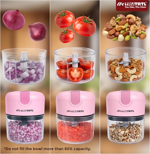 Image of Mr. TRU Smart Electric Mini Chopper for Kitchen | 1200 mAh Battery | Portable Food Processor for Onion, Tomato, Nuts & Vegetable | Multipurpose Cutter | 1 Year Warranty | 250ml (Pink)