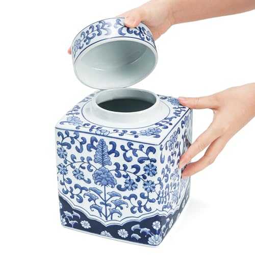 Image of Goaste Square Ceramic Ginger Jar with Lid, 8.2 Inch Blue and White Ginger Jars Decorative, Chinoiserie Porcelain Flower Vase, Handmade Large Floral Canister for Home Decor, Office, Table Centerpieces