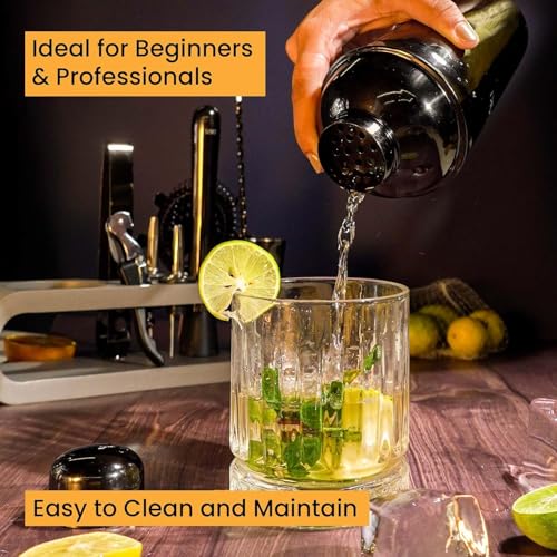 Image of SAKI|10 Piece Bartender kit Black (Cocktail Shaker Gift Set with Gray Stand), Bartender Kit: Shaker, Spoon, Jigger, Muddler, Strainer, Wine & Beer Bottle Opener, Pour Spouts & Tongs (with Colour Box)
