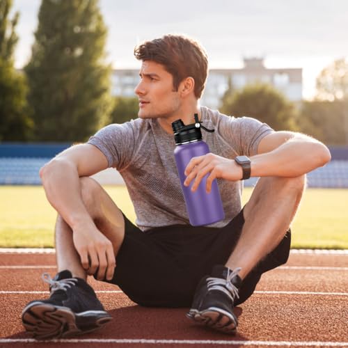 Image of 32 oz Insulated Water Bottle with Leak-proof 2-in-1 Straw and Spout Lid,Stainless Steel Sports Water Bottle with Handle,Double Wall Vacuum Metal Water Flask for Travel Camping School(Purple,1)