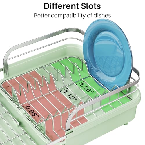 Image of SNTD Dish Drying Rack, Expandable Dish Rack for Kitchen Counter, Stainless Steel Dish Drainer with Drainboard Set and Utensil Holder (Green)