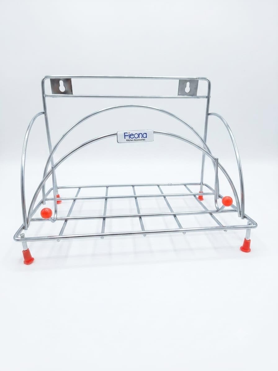 Fieona Chakla Belan Stand Chrome Steel Kitchen Organiser | Wall Mountable, Anti-Slip Feet, Wire Grid Base, Stores Tawa & Chimta, Countertop & Wall Use-image-7