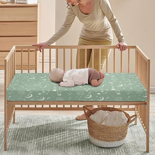 Image of Stars Baby Crib Sheets for Boys Girls Moon Fitted Crib Sheet for Standard Crib and Toddler Mattress Green Baby Mattress Sheets Toddler Bed Sheet 52x28x8 in