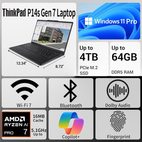 Image of Lenovo ThinkPad P14s AMD Ryzen AI 7 Pro 450 Business Laptop, 64GB + 2TB