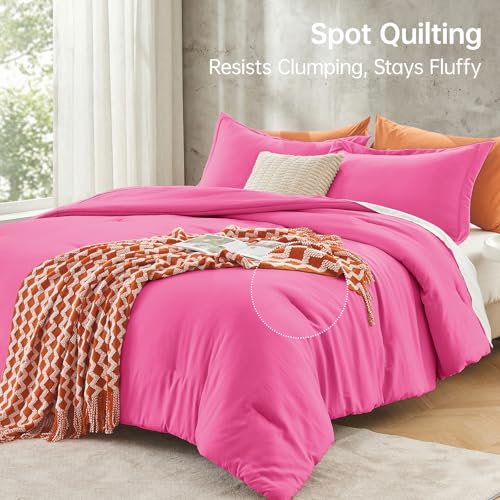 Image of MUXHOMO Oversized Queen Comforter Set, Lightweight Down Alternative Bed Set | All Season 3 Piece Bedding Set,Ultra Soft Down Alternative,Includes 1 Comforter 98x98 and 2 Pillow Shams 20x26,Hot Pink