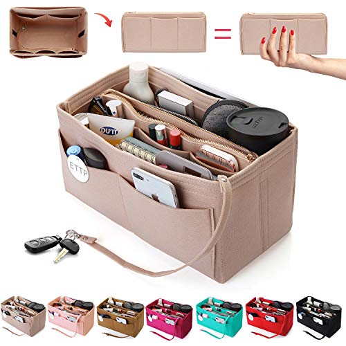 Purse Organizer Insert, Felt Tote Organizer Insert With Metal Zipper, Handbag Organizer For Speedy, Neverfull, Tote, Handbag, 7 Colors 5 Sizes (Large, Beige)