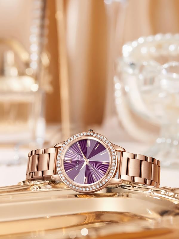 Image of Giordano Analog Watch for Women with Sunray Round Dial, Crystal Studded Bezel, Roman Numerals Markers, Quartz Movement and Rose Gold Stainless Steel Strap - GZ-60118