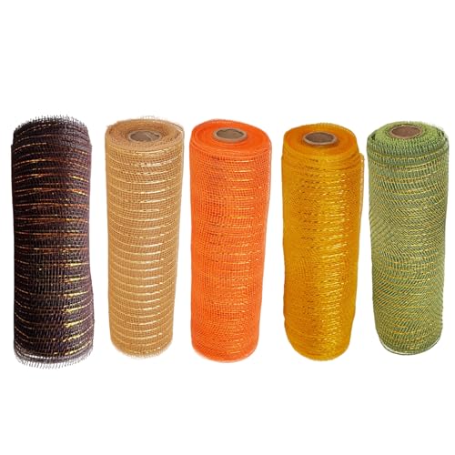 5 rollos de malla decorativa, rollos de 10 pulgadas, malla decorativa de 30 pies, cinta de Halloween, color naranja, dorado, champán, verde y marrón, para fiesta de Acción de Gracias de ot