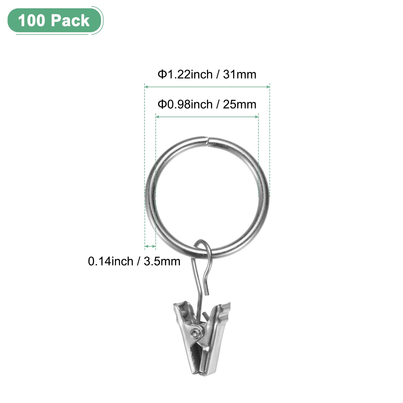 M METERXITY 100-Pack Mist Silver Curtain Rings with Clips, Rustproof Metal Curtain Hooks with Clips - Image 3