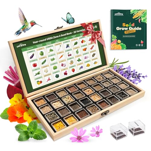 Lush&Dew Year-Round USDA Zone 6 Heirloom Survival Seed Kit, 32 Varieties 30,000+ Non-GMO Seeds for...