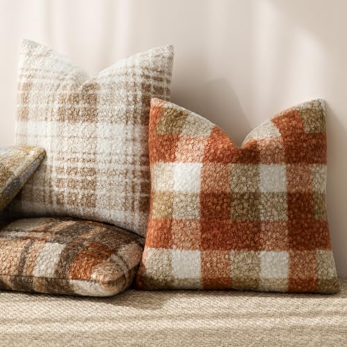 Image of Foindtower Pack of 2 Soft Faux Fur Boucle Throw Decorative Pillow Covers Fuzzy Accent Check Cushion Sherpa Boho Farmhouse Pillowcase for Couch Sofa Bed Living Room Home Decor 20x20 Inch,Burnt Orange