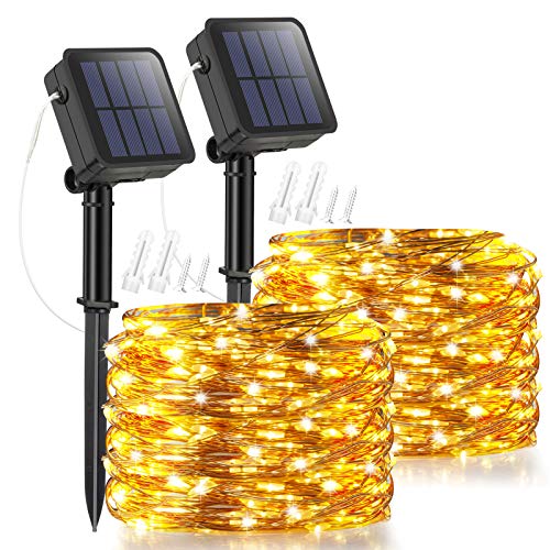 Solar Fairy Lights, 2 Pack 32.8ft 100 LED Solar String Lights Warm White, 8 Modes Indoor/Outdoor Solar Christmas String Lights Waterproof Solar Twinkle Light for Garden Party Lawn Decoration