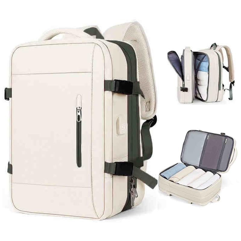 Mochila De Viagem Grande Expansível De 36-55L à Prova D'água Com Usb - Mochila De Notebook Reforçada, Mochila Executiva Para Feminina E Masculina Com Compartimentos (BEGE VERDE)