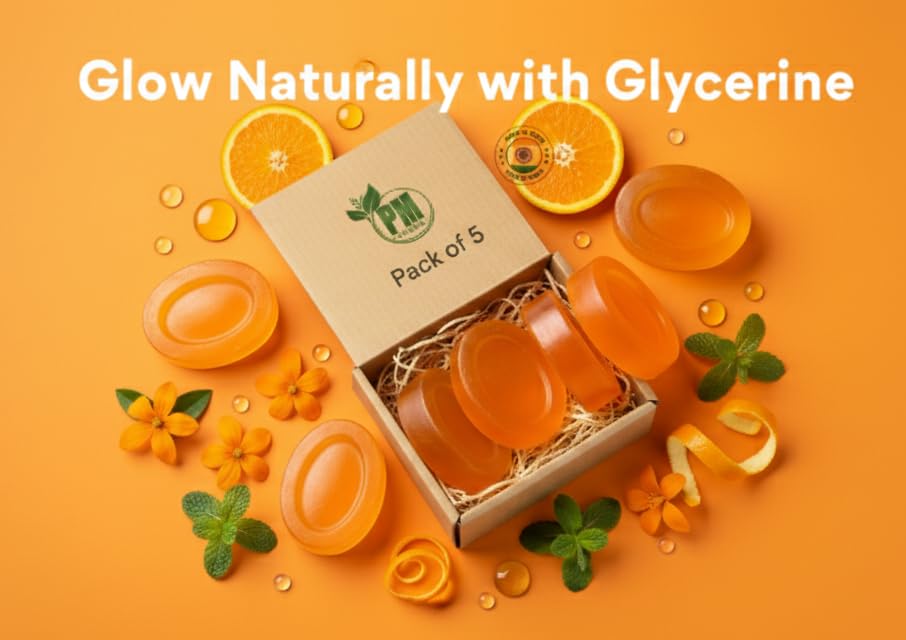 Image of PM Herbal Natural Glycerine Soap | Paraben Free SLS /SLES Free Handmade Herbal Bathing Bars with Coconut Oil, Vitamin E & Essential Oils for Glowing, Moisturized Skin 5 Fragrance (Orange (Pack Of 5))