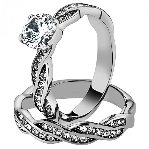 Marimor Jewelry 1.78 Carat Round Cut Cubic Zirconia Stainless Steel Twisted Wedding Ring Band Set Women's 5-10