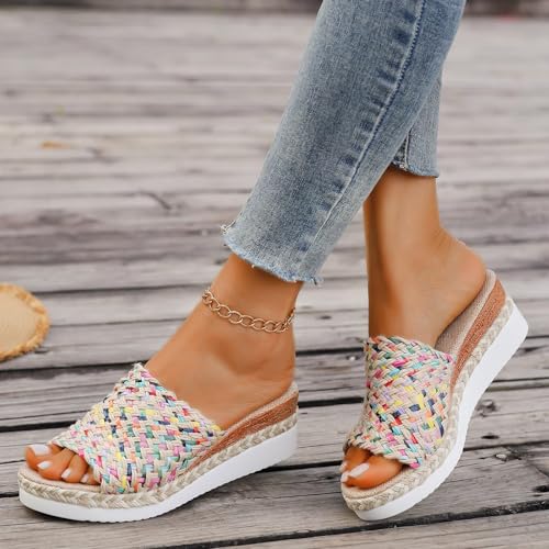 Platform Espadrille Sandals for Women Wedges Slides,Multicolor Sandals for Women,2025 Orthopedic Woven Open Toe Casual Slip on Sandals,Comfortable Wide Width Walking Dress Shoes for Beach Vacation4
