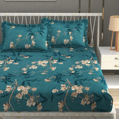 Image of Vram Premium Heavy Cotton Flat Bedsheets with 2 King Size Frill Pillow Covers | Double Bed 350 TC | 90 x 100 Inch King Size Flat | :- Green Flower