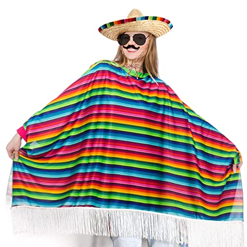 Yahenda 4 Pcs Mexican Party Costume Set for Adults Include Mexican Serape Poncho Sombrero Sunglasses Moustache3