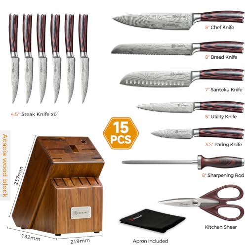 Knife Set, 15 Pieces Knife Block Set w/ Kitchen Apron and Sharpener - Image 2
