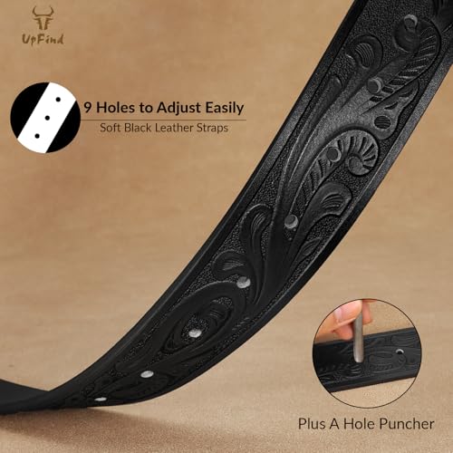 Western Cowboy Leather Belt Men Women, Gold Initial Letters ABCJMZ Buckle Embossed Belt for Jeans