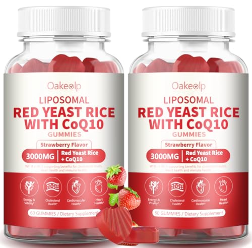 2 Pack Liposomal Red Yeast Rice with Coq 10 3000mg Gummies,Organic Red Yeast Rice Cholesterol Lowering Supplements, Enhanced with Coq 10 for Heart Health Support,Liposomal Enhance 98% Absorption