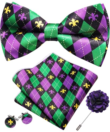 Image of YOHOWA Mens Bow Tie Paisley Coloful Pre-tied Bowties Handkerchief Cufflinks