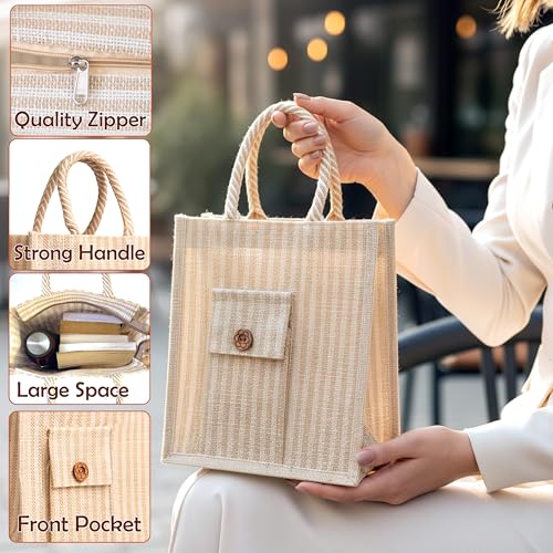 Image of Match Made Eco Friendly Reusable Jute Bag, Yoga Printed Jute Bag, Grocery Shopping Bag, Multi-Purpose Bag, Jute Lunch Bag, Sturdy Handle with Zipper Lock