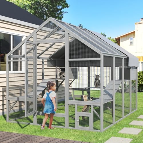 TIMHAKA Large Cat Catio, Catio Outdoor Cat Enclosure for Multiple Cats with 7 Platforms, 2 Resting Box and 2 Bridges, Wooden Feral Cat Shelter with Waterproof and UV Proof Canopy, 71 x 71 x 97 inch