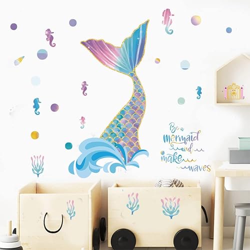Miniatura 4 de Buiory Calcomanías de pared extraíbles con cola de sirena colorida y letras "Be a Mermaid and Make Waves" estilo océano, animales de ampolla para