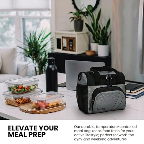 Image of Aliensware Large Lunch Bag with Adjustable Shoulder Handle for Office Men Women Kids, 13L Tiffin Bag with Bottle Holder, Food Bag-Office,Travel,School,College and Picnic Lunch Box & Bottle Aliens-Gry