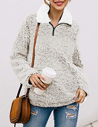 MIROL Women's Long Sleeve 1/4 Zipper Pullover Sherpa Fleece Winter Oversized Outwear Sweatshirt Coat with Pockets (M, Beige)