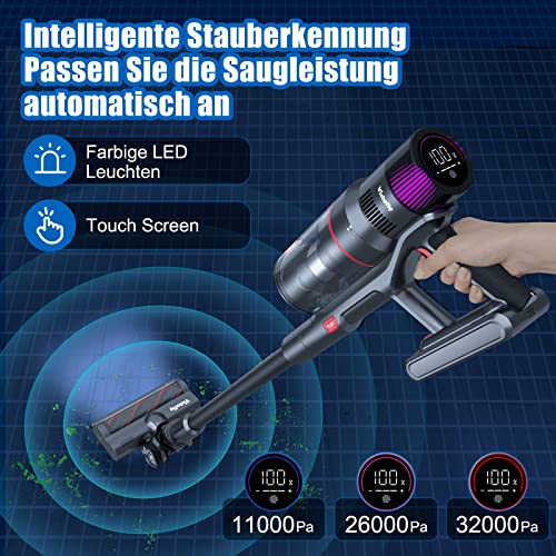 Vistefly V15 32000Pa Akku Staubsauger, 500W Staubsauger Kabellos bis zu 60 Min Laufzeit, 4 Saugstufen LED-Display 8-in-1 Akkustaubsauger mit Licht für Tierhaare Hartböden Teppiche Haare, Schwarz – Bild 7