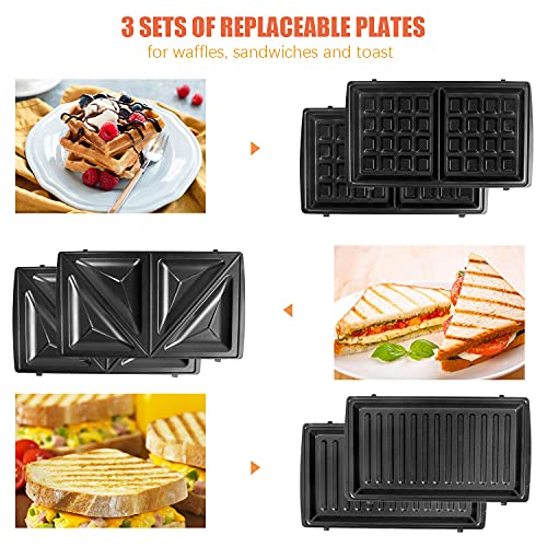 Gotoll Sandwichmaker 3 in 1, Waffeleisen Sandwichtoaster, Grill wechselplatten, Sandwich Maker, Antihaftbeschichtete abnehmbare Platten, 750 W, Betriebsampel, Schwarz – Bild 3