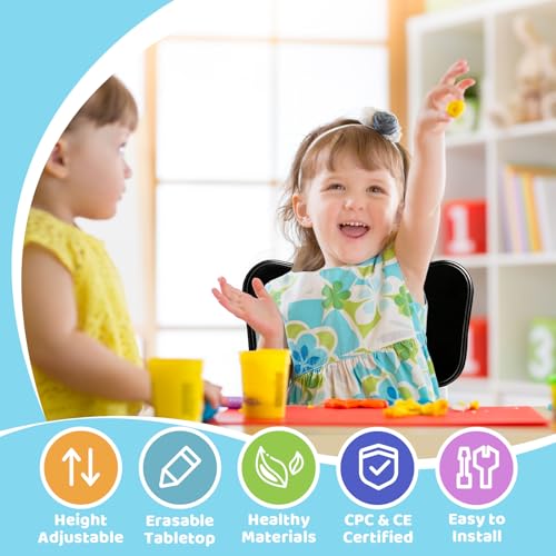 Image of FUNLIO Kids Table and 4 Chairs Set, Height Adjustable Toddler Table and Chair Set for Ages 3-8, Easy to Wipe Arts & Crafts Table, for Classrooms /Daycares /Homes, CPC & CE Approved (5-Piece Set) - Black