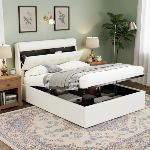 Gxffipw Doppelbett Polsterbett 140x200 cm mit Verdeckter Stauraum am Kopfteil, Hydraulisches Bett mit Stauraum, Jugendbett Stauraumbett Bettgestell mit Lattenrost, PU, Weiß, Ohne Matratze