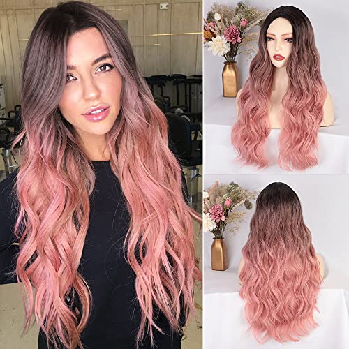 Isaic Pink Ombre Wigs for Women Synthetic Long Wavy Wig Middle Part Dark Brown Root Heat Resistant Wig for Cosplay Halloween Party Use 24 Inch