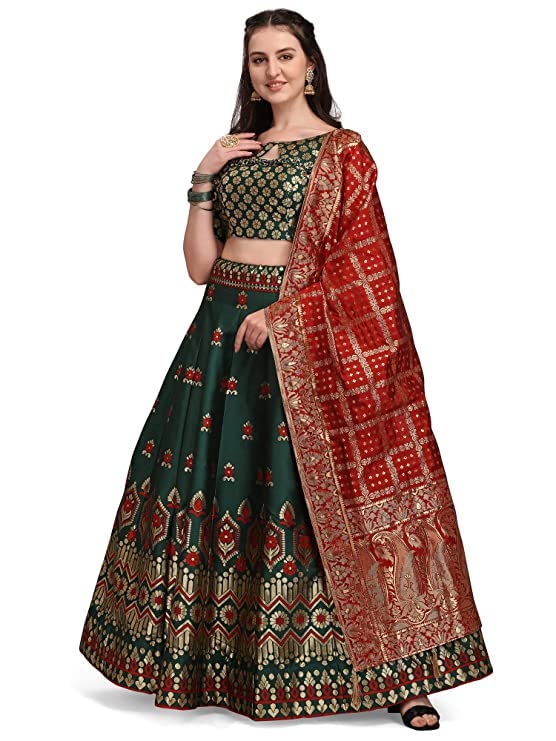Momina FashionBanarasi Silk Jacquard Semi Stitched Lehenga Choli And Stitched Blouse(Shloka_)