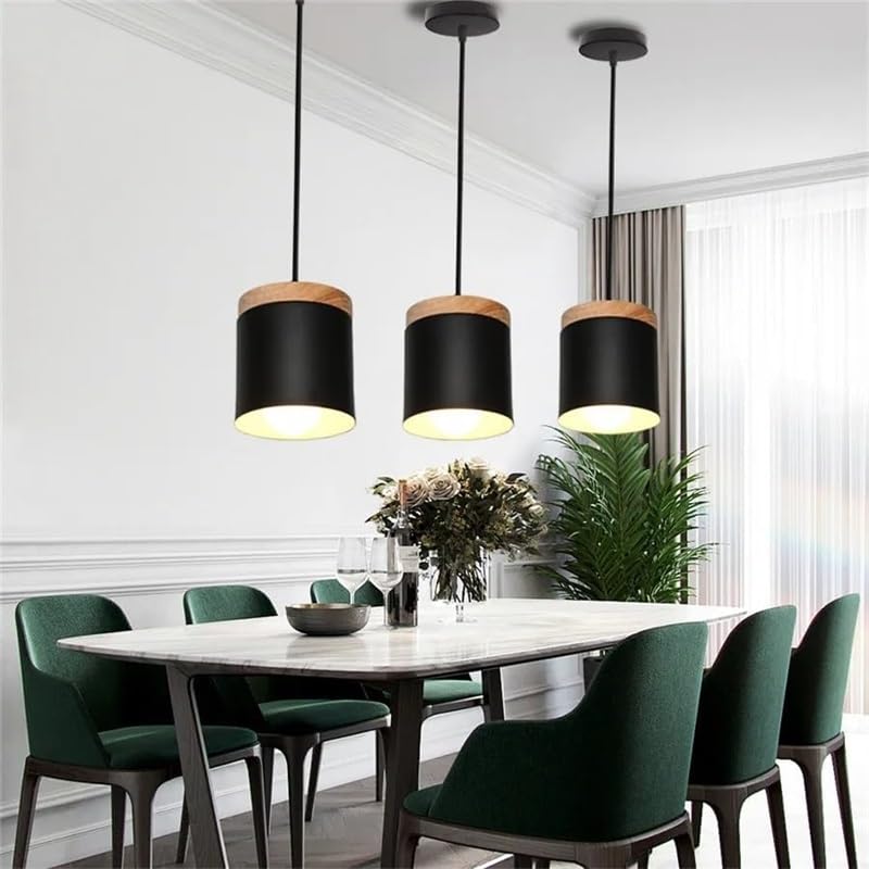 Lámpara colgante de metal con madera E27 para techo de comedor 5